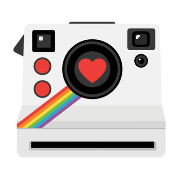 Cute retro instant camera icon with heart lens and rainbow