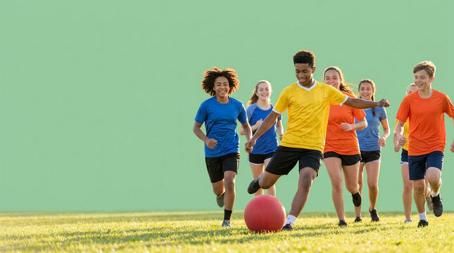 Young people playing kickball on a grassy field in bright colors  
