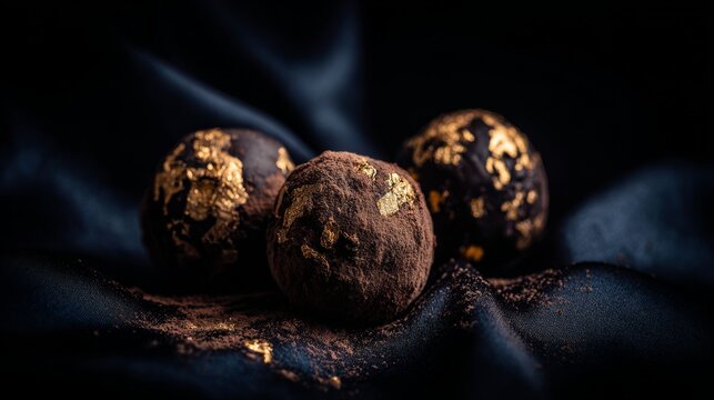 Luxurious Chocolate Truffles with Gold Flakes on Dark Velvet Fabric