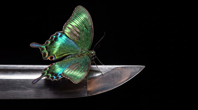 Emerald Butterfly on Sword: A stunning emerald butterfly rests delicately on the sharp edge of a polished sword, a striking juxtaposition of fragility and strength against a stark black background.