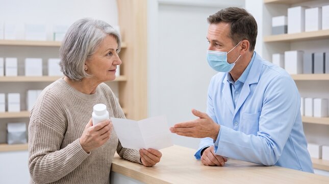 Older customer asks a practical question at the pharmacy counter