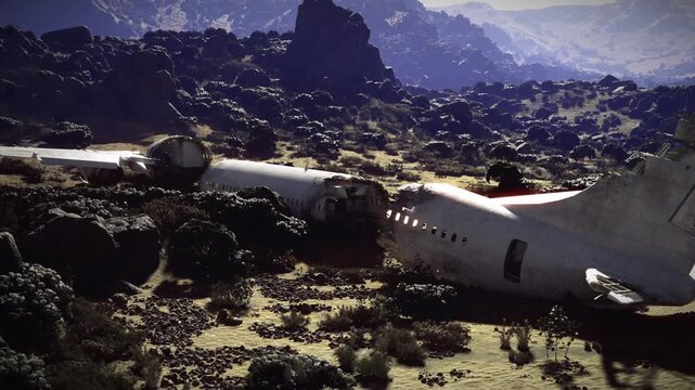 Exposed fuselage interior lies open among rocks, torn cabin panels and scattered seats reveal structural damage, closeup textures of metal and rivets, forensic