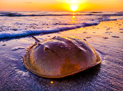 horseshoe crab on beach sunset