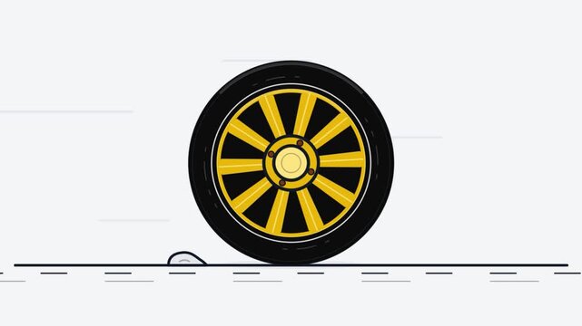Black car tire with gold rim spinning rapidly along road surface in simple cartoon style