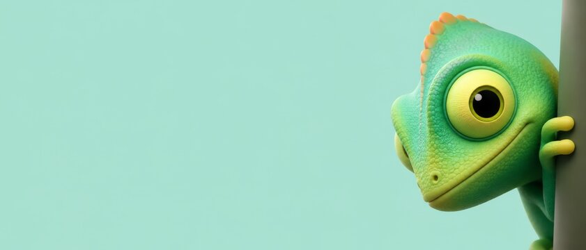Adorable cartoon chameleon with big eyes and a friendly smile sitting on a mint green background, with ample copy banner format