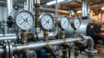 Fototapeta premium Industrial equipment featuring manometers, thermometers, and water pumps in a boiler room.