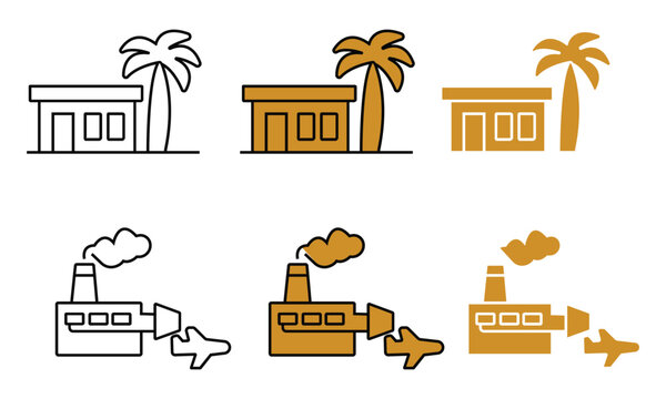 Tropical building with palm tree and factory with airplane in three styles