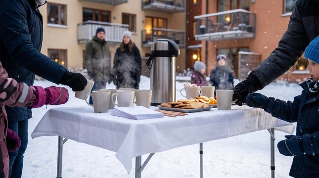 Warm drink break and scorekeeping during courtyard snow games
