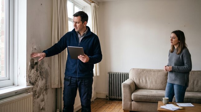 Housing inspector assesses a damp wall in a modest rental flat