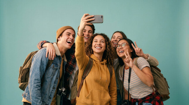 Group of young friends taking a selfie together against a blue wall  