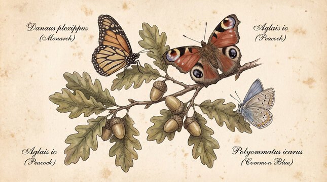 Vintage Butterfly and Oak Branch Illustration: A charming, hand-drawn illustration depicts two exquisite butterflies, a Monarch and a Peacock, perched on an oak branch laden with acorns.