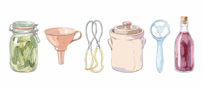 Canning kit pickling jar watercolor illustration set for home food preservation equipment including fermentation crock funnel tongs mason jar and vinegar bottle isolated on white background clip art