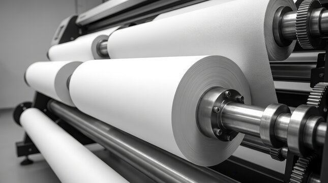 Industrial wide plotter machine featuring rolls of paper and textile material.