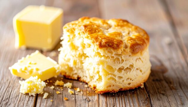 Homemade Fluffy Biscuit with Melted Butter on Rustic Wooden Table