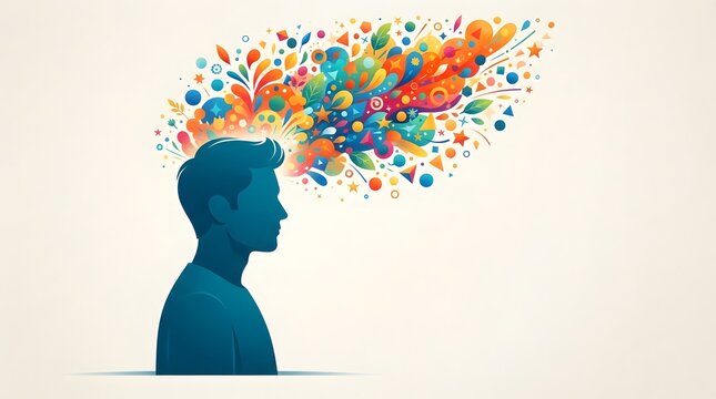 A conceptual illustration of a human silhouette with colorful abstract thoughts exploding from the head representing the importance of awareness for world mental health day