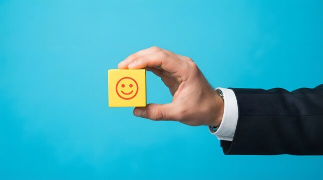 A hand holding a yellow block with a smiling face icon against a blue background representing world mental health day awareness and positive emotional support