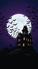 Fototapeta premium Haunted House with Flying Bats and Full Moon Halloween Illustration