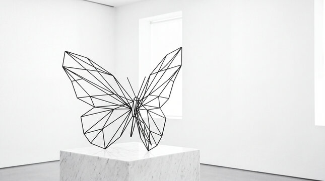 Geometric Butterfly Sculpture: A striking abstract sculpture of a butterfly, crafted from wireframe polygons, is displayed on a minimalist pedestal in a bright, white gallery space.