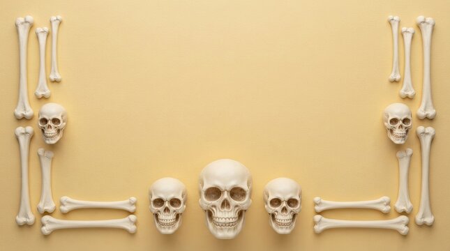 Human skulls and bones arranged in a frame on a light orange background