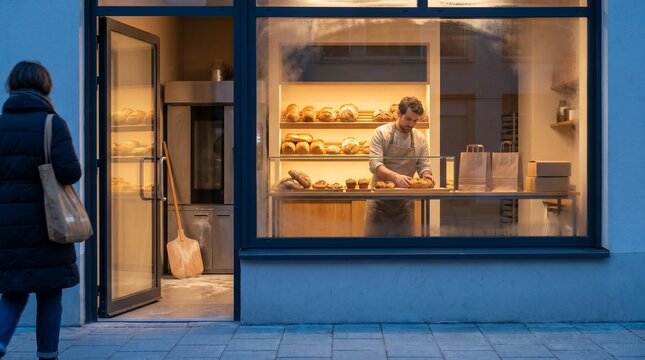 First customer enters a neighborhood bakery on the morning of January first