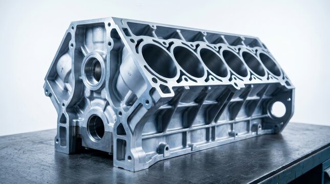 Industrial car engine cylinder block with multiple cylinders in a blue tone.