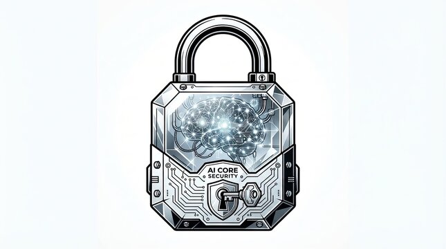 Metal padlock with artificial intelligence brain inside line art icon