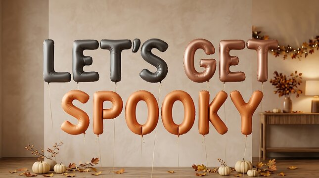Minimalist fall themed party setup showing lets get spooky floating balloons in interior.