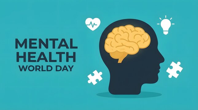 A conceptual illustration featuring a human head silhouette with a brain and puzzle pieces representing awareness and support during the annual world mental health day