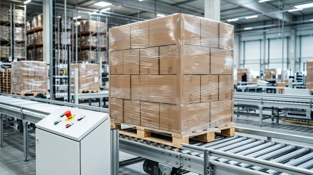 Logistics warehouse concept showing wrapped cardboard boxes on a pallet ready for delivery.