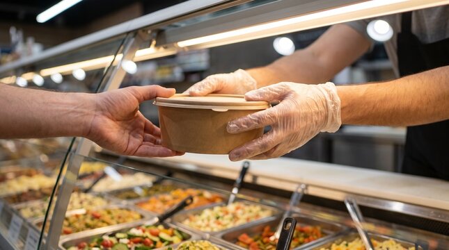 Prepared side dish handoff across a grocery deli counter
