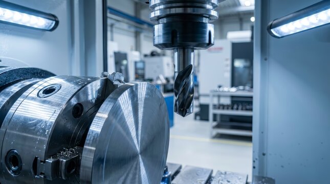 CNC drilling machine working process on a metal workpiece in a factory.