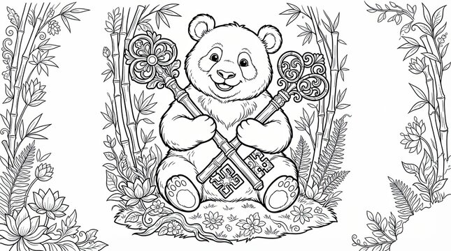 Cute panda holding two ornate keys in a bamboo forest coloring page