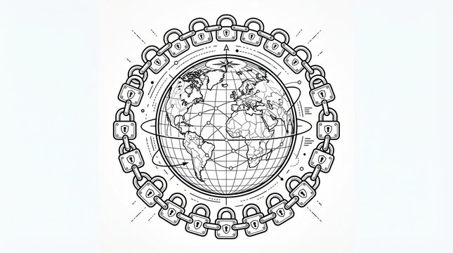 Global security concept with earth globe and chain of padlocks drawing