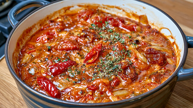 Extreme close up of cooked ingredients for chamoy sauce simmering slowly in a dark ceramic pot, glossy red fruit mixture, visible chili pieces, softened dried fruits and aromatic spices, tiny bubble