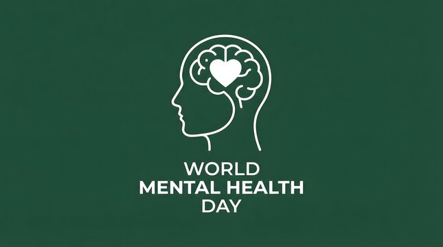 A minimalist graphic design featuring a human head silhouette with a heart shape inside the brain representing awareness for the annual world mental health day
