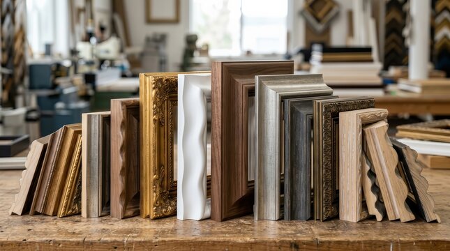 A collection of different baguette handmade picture frame samples for professional framing.