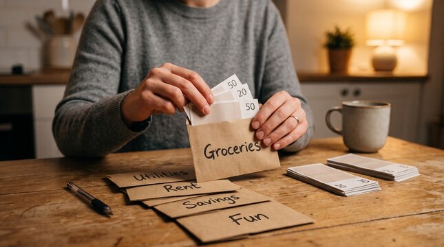 Woman placing euro banknotes into paper envelope labeled groceries on wooden table, cash stuffing budget system concept