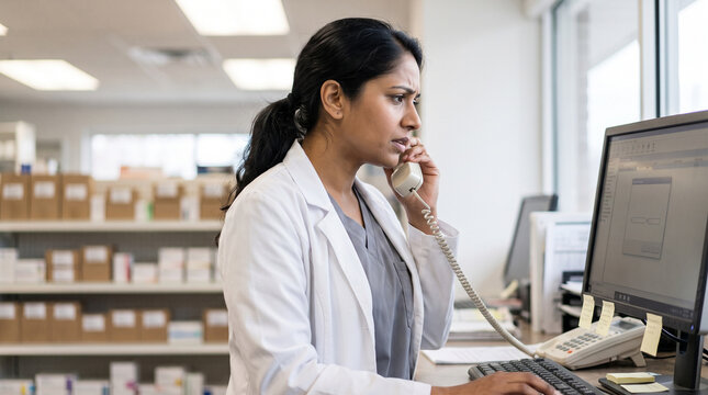 Landline phone consult pharmacist reviewing abstract prescription monitor