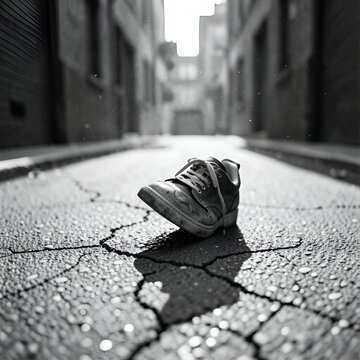 Abandoned sneaker on cracked pavement in a narrow urban alley  