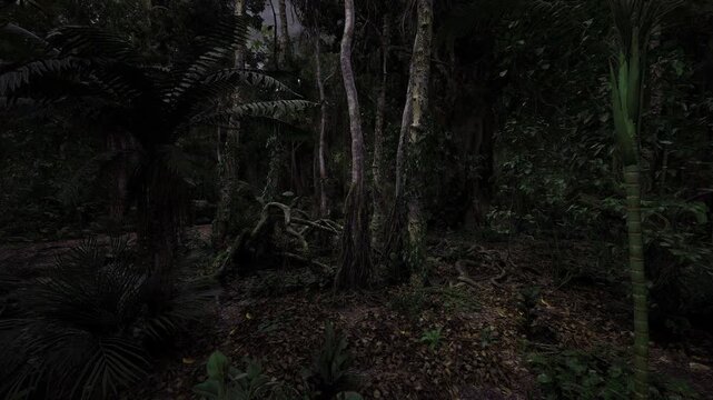 Gnarled tree trunk surrounded by dense vegetation, exposed roots and textured bark, low light, moss patches, timeless primeval mood inviting exploration.