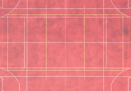 Aerial view of a red sports court with white and yellow markings in Gdansk, Pomeranian Voivodeship, Poland.
