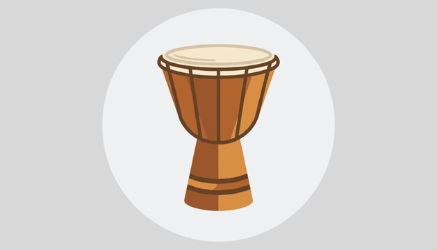 Traditional African djembe drum vector illustration with wooden body and rope tuning on a light grey background circle.