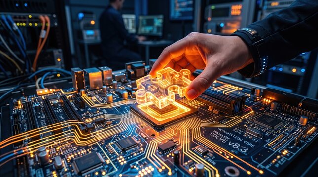 Digital circuit integration and technology problem solving. Innovation and hardware engineering. Hand placing a transparent puzzle piece into a glowing electronic motherboard socket