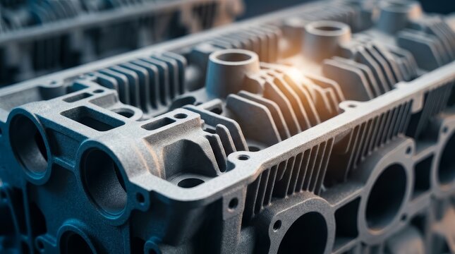 Industrial metalworking concept featuring a 3D printed petrol engine cylinder block.