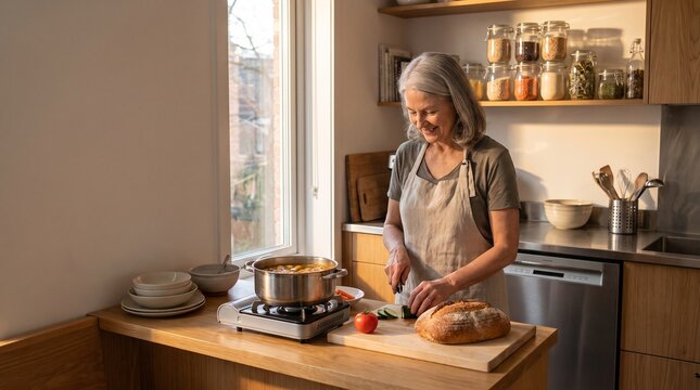 Older adult preparing a simple evening meal at home