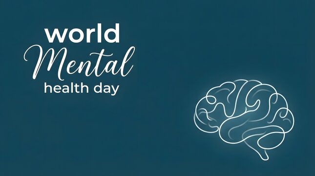 A conceptual illustration designed for world mental health day featuring a glowing digital human brain outline on a dark teal background for awareness and support
