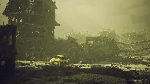 Sickly yellow dusk bathing stranded cab and broken structures, long shadows stretching across cracked ground, hazy air creating cinematic contrast