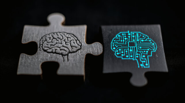 macro close-up view of a matte grey brain puzzle with a missing segment in the center. Through the gap, a vibrant pulsing cyan light and intricate digital circuits are visible, symbolizing artificial 