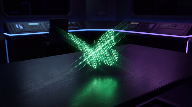 Digital Butterfly Hologram: A luminous green butterfly, formed from glowing digital particles, materializes as a holographic projection above a sleek, modern desk, emanating an ethereal glow.