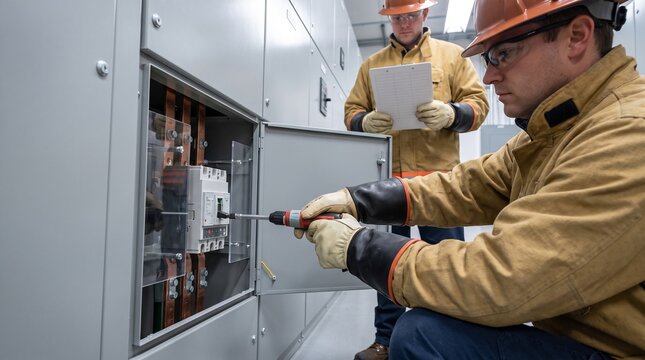 Electrician inspects breaker bus wiring during switchgear commissioning